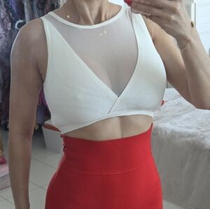 White Mesh-Inset Ribbed Crop Top with Deep V